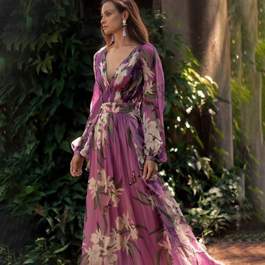 Women's Floral Chiffon Maxi Dress | Elegant Long Sleeve Summer Dress - Velshara store