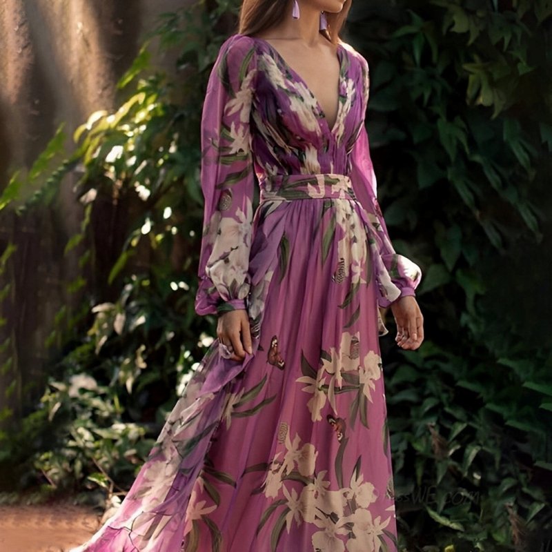 Women's Floral Chiffon Maxi Dress | Elegant Long Sleeve Summer Dress - Velshara store