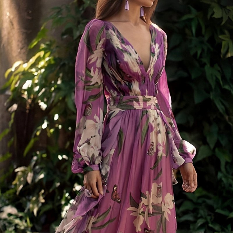 Women's Floral Chiffon Maxi Dress | Elegant Long Sleeve Summer Dress - Velshara store