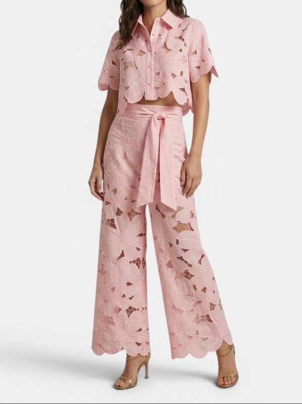Women's Floral Lace Co Ord Set | Elegant Cropped Top and Wide - Leg Trousers for Spring/Summer - Velshara store