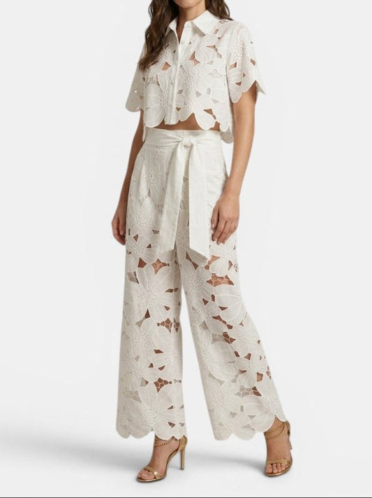 Women's Floral Lace Co Ord Set | Elegant Cropped Top and Wide - Leg Trousers for Spring/Summer - Velshara store