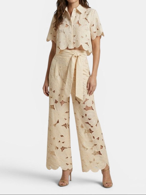 Women's Floral Lace Co Ord Set | Elegant Cropped Top and Wide - Leg Trousers for Spring/Summer - Velshara store