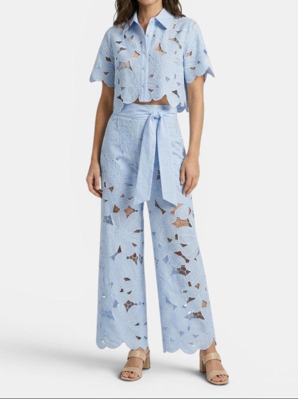 Women's Floral Lace Co Ord Set | Elegant Cropped Top and Wide - Leg Trousers for Spring/Summer - Velshara store