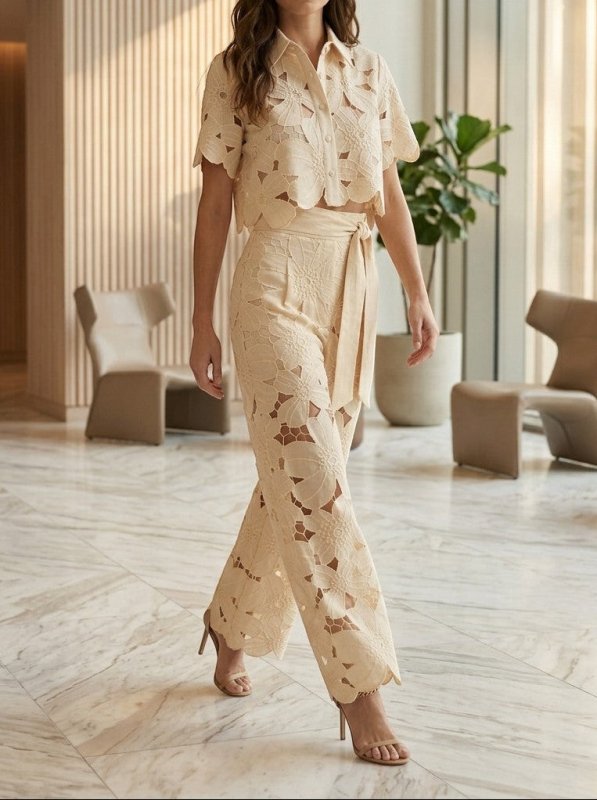 Women's Floral Lace Co Ord Set | Elegant Cropped Top and Wide - Leg Trousers for Spring/Summer - Velshara store