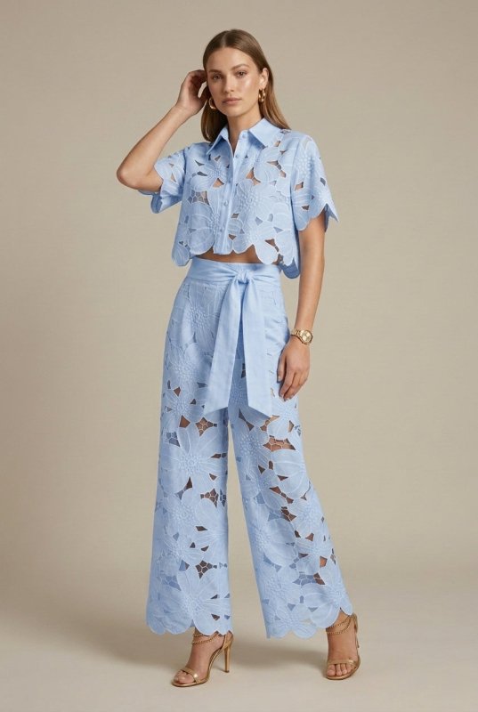Women's Floral Lace Two - Piece Set | Elegant Cape Overlay Top and Wide - Leg Trousers - Velshara store