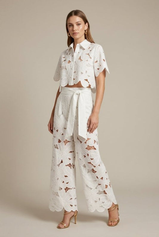 Women's Floral Lace Two - Piece Set | Elegant Cape Overlay Top and Wide - Leg Trousers - Velshara store