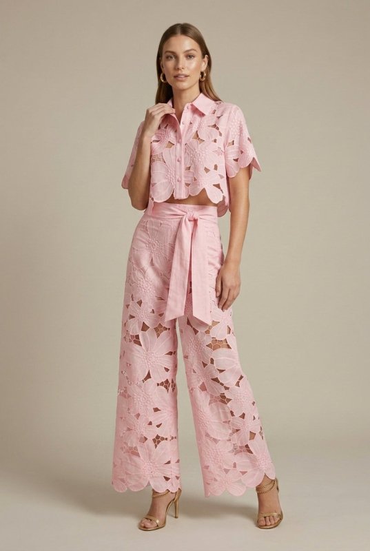Women's Floral Lace Two - Piece Set | Elegant Cape Overlay Top and Wide - Leg Trousers - Velshara store