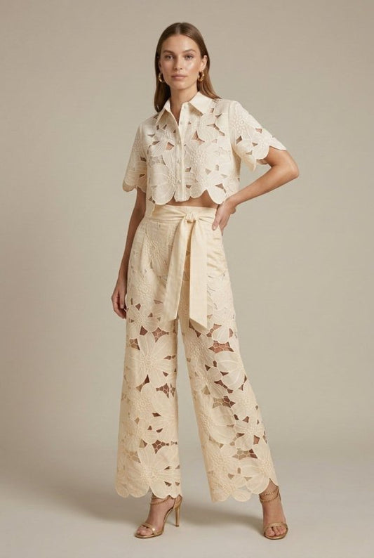 Women's Floral Lace Two - Piece Set | Elegant Cape Overlay Top and Wide - Leg Trousers - Velshara store