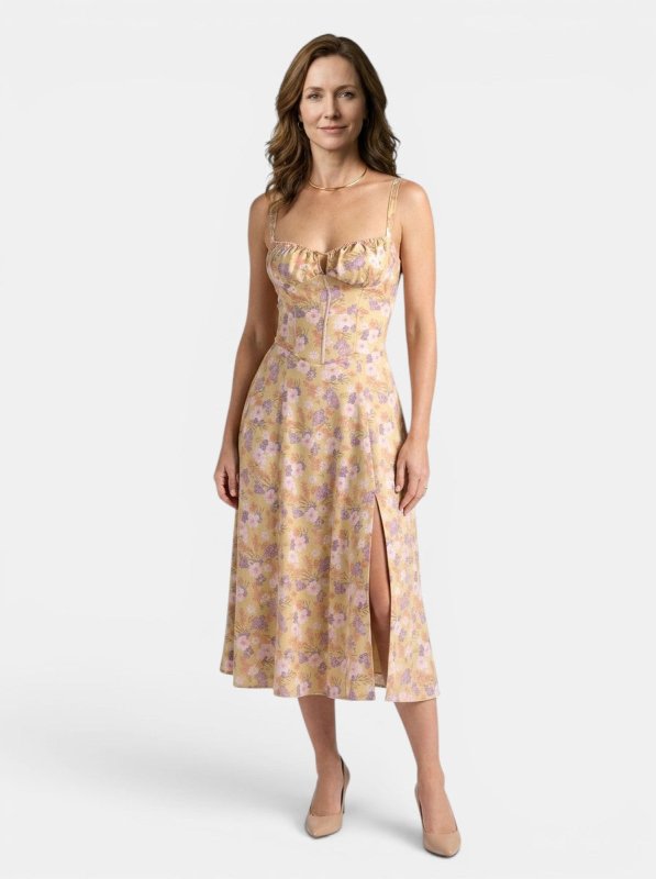 Women's Floral Midi Dress | Elegant Corset Summer Dress with Flowing Skirt - Velshara store