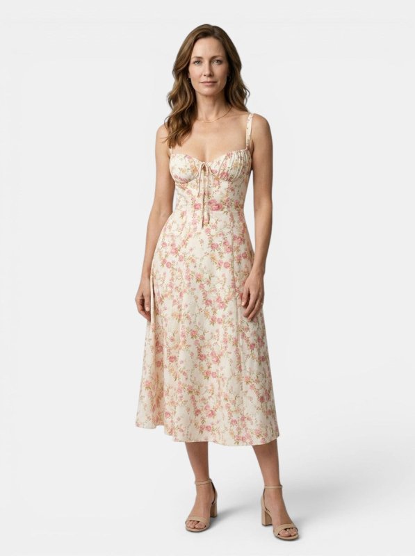 Women's Floral Midi Dress | Elegant Corset Summer Dress with Flowing Skirt - Velshara store