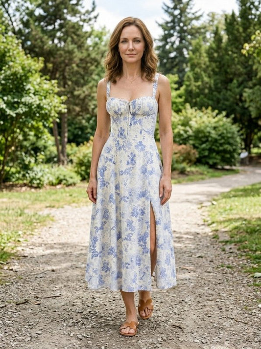 Women's Floral Midi Dress | Elegant Corset Summer Dress with Flowing Skirt - Velshara store