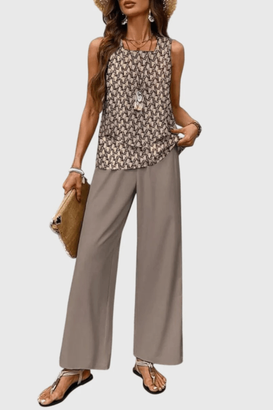 Women's Floral Print Outfit | Layered Sleeveless Top and Relaxed Wide Leg Trousers Set - Velshara store