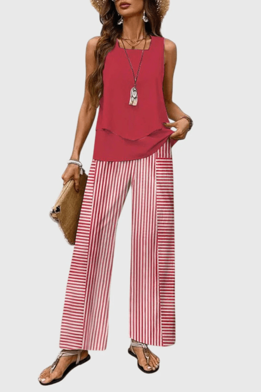 Women's Floral Print Outfit | Layered Sleeveless Top and Relaxed Wide Leg Trousers Set - Velshara store