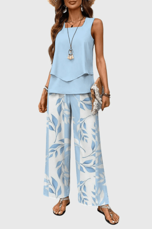 Women's Floral Print Outfit | Layered Sleeveless Top and Relaxed Wide Leg Trousers Set - Velshara store