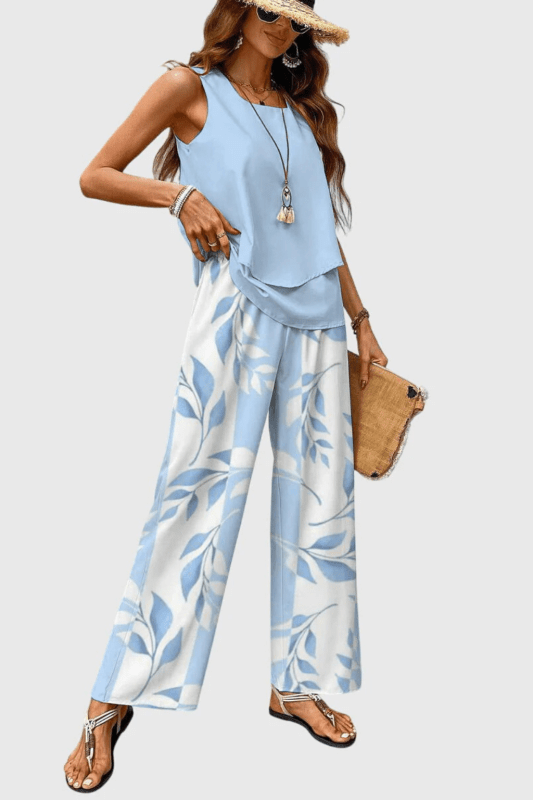 Women's Floral Print Outfit | Layered Sleeveless Top and Relaxed Wide Leg Trousers Set - Velshara store