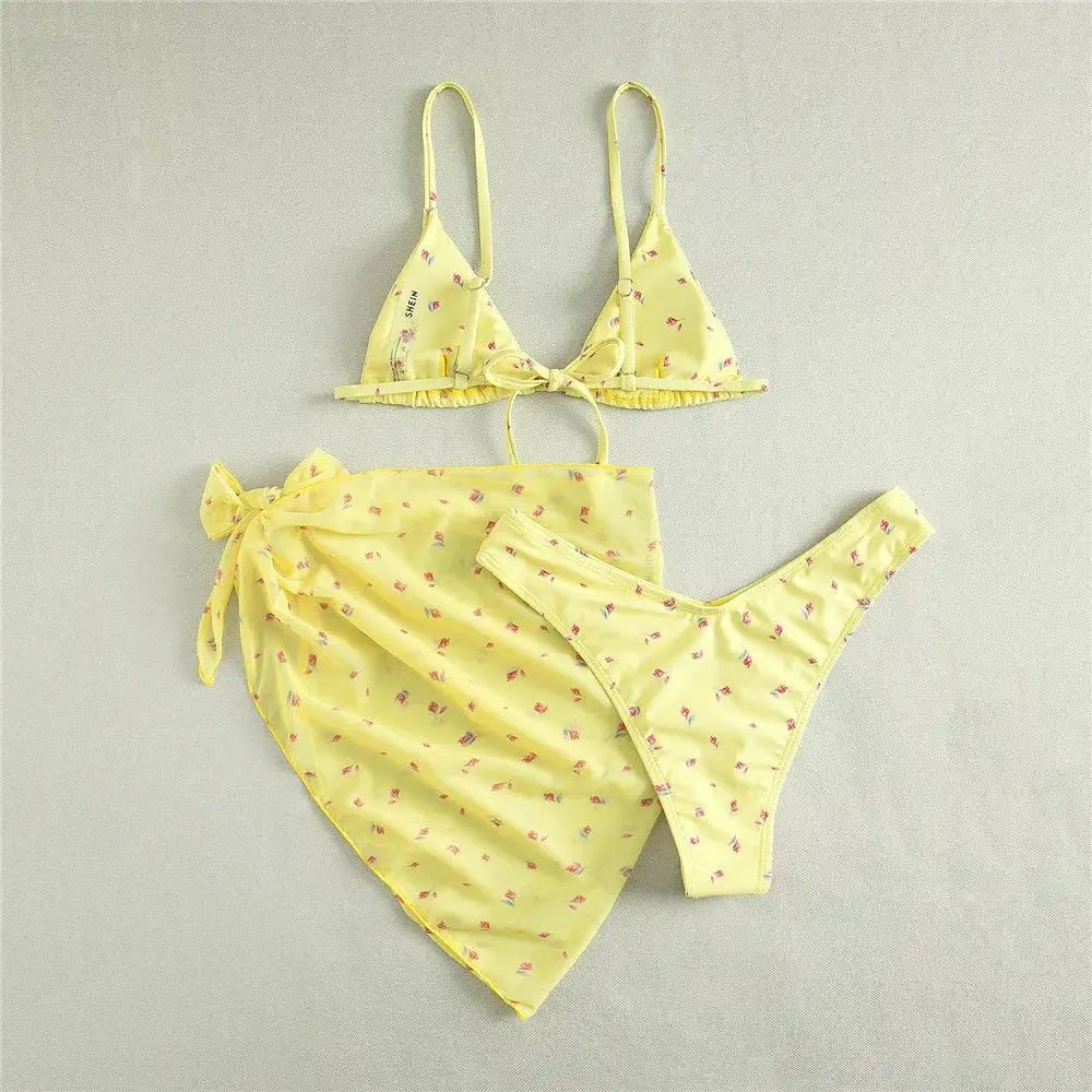 Women’s Floral Three Piece Bikini Set with Mesh Cover Up - Velshara store