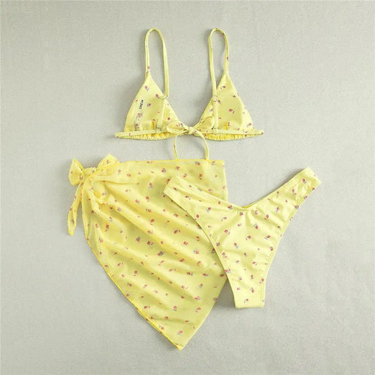 Women’s Floral Three Piece Bikini Set with Mesh Cover Up - Velshara store