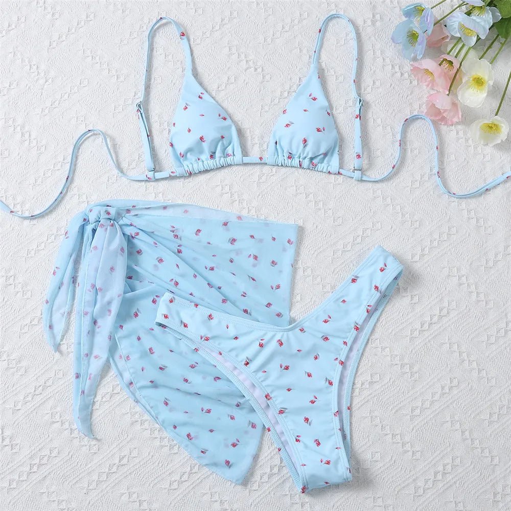 Women’s Floral Three Piece Bikini Set with Mesh Cover Up - Velshara store