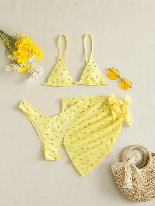 Women’s Floral Three Piece Bikini Set with Mesh Cover Up - Velshara store