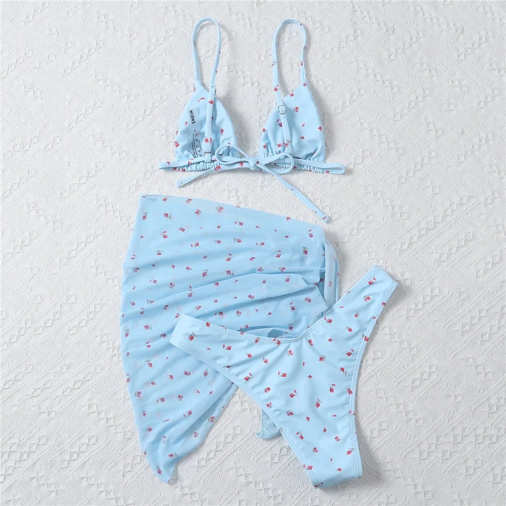 Women’s Floral Three Piece Bikini Set with Mesh Cover Up - Velshara store