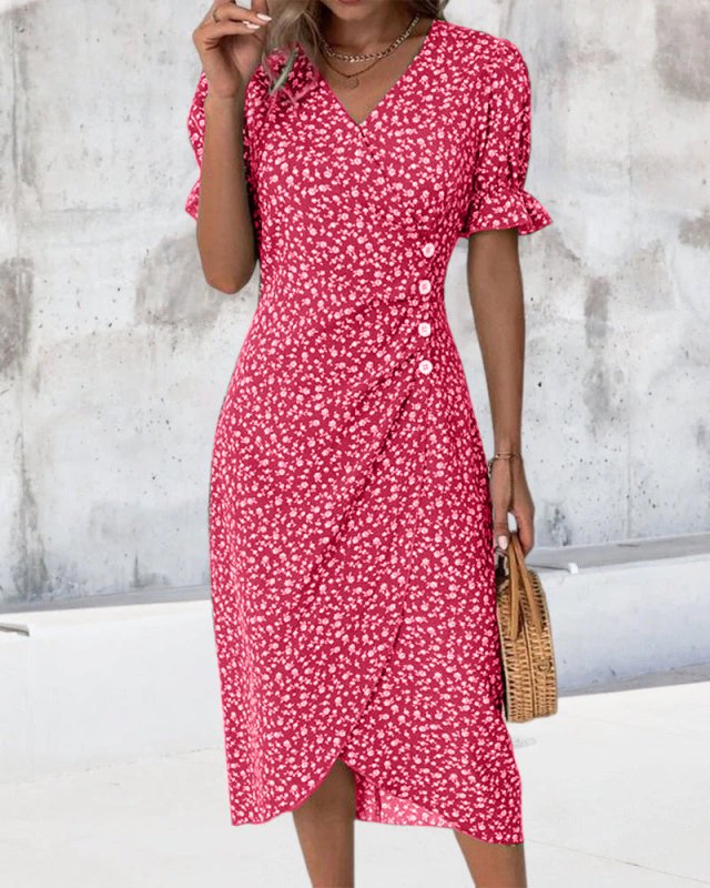 Women's Floral Wrap Dress | Adjustable V Neck Midi | Elegant Summer Midi Dress - Velshara store