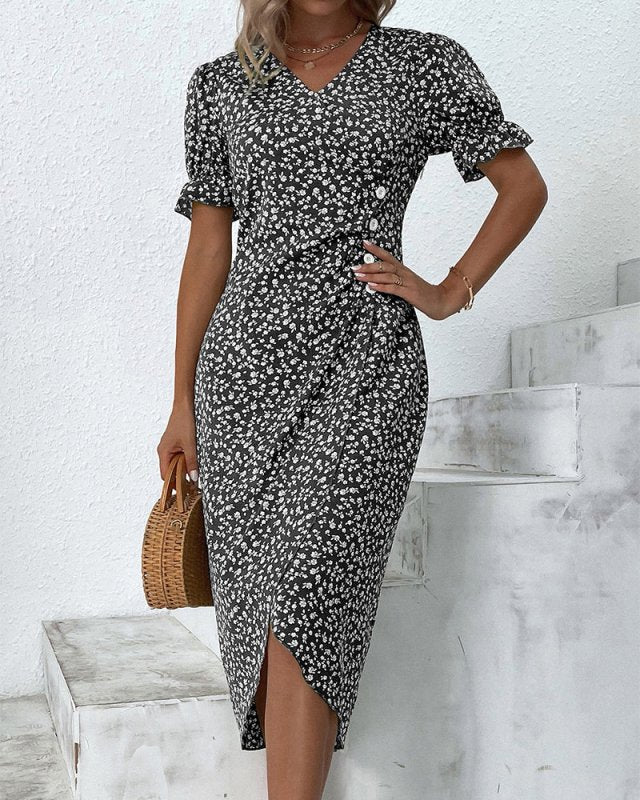 Women's Floral Wrap Dress | Adjustable V Neck Midi | Elegant Summer Midi Dress - Velshara store