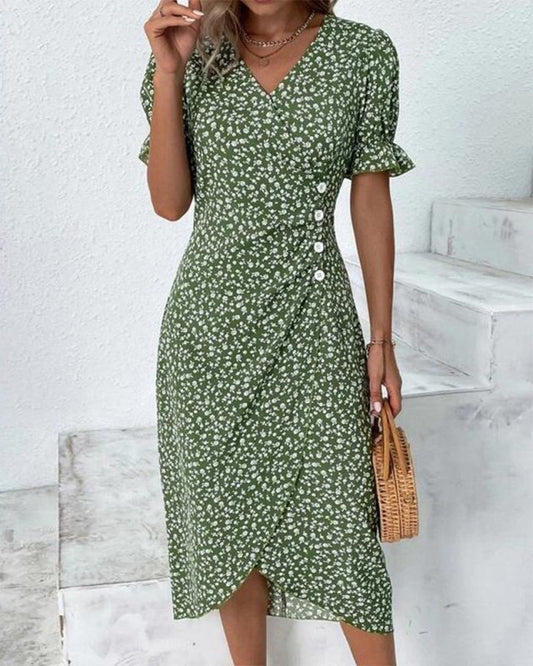 Women's Floral Wrap Dress | Adjustable V Neck Midi | Elegant Summer Midi Dress - Velshara store