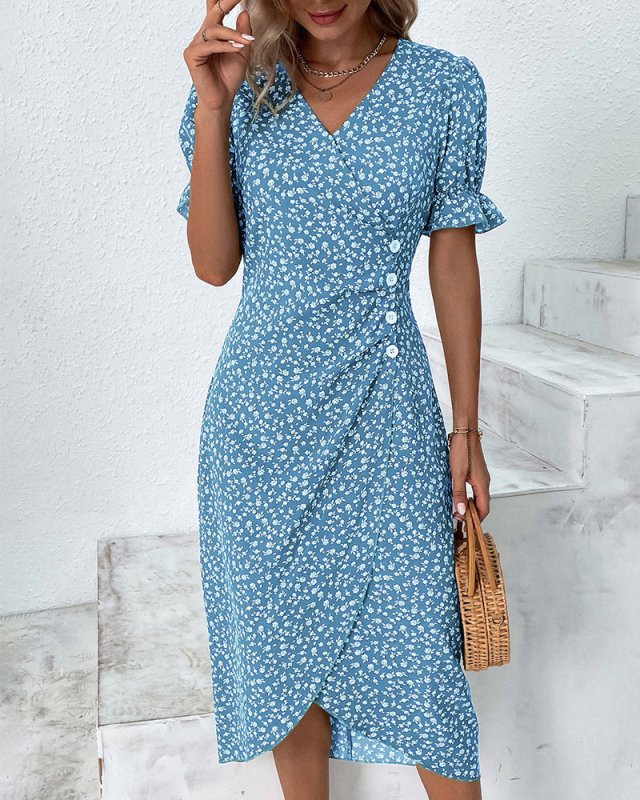 Women's Floral Wrap Dress | Adjustable V Neck Midi | Elegant Summer Midi Dress - Velshara store