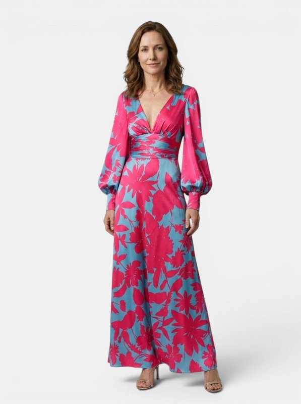 Women's Flowing Fabric Maxi Dress | Elegant Defined Waist Long Sleeve Summer Dress - Velshara store