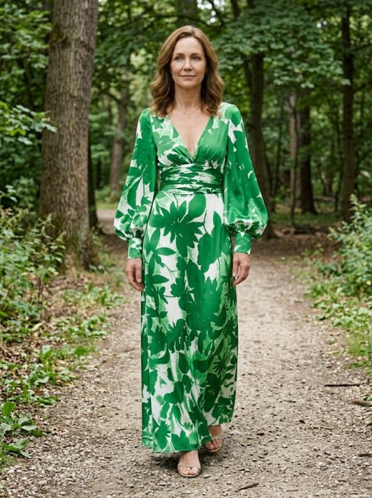 Women's Flowing Fabric Maxi Dress | Elegant Defined Waist Long Sleeve Summer Dress - Velshara store