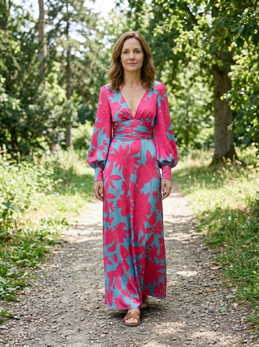Women's Flowing Fabric Maxi Dress | Elegant Defined Waist Long Sleeve Summer Dress - Velshara store