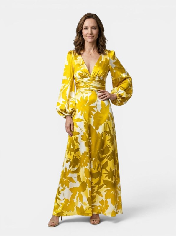 Women's Flowing Fabric Maxi Dress | Elegant Defined Waist Long Sleeve Summer Dress - Velshara store