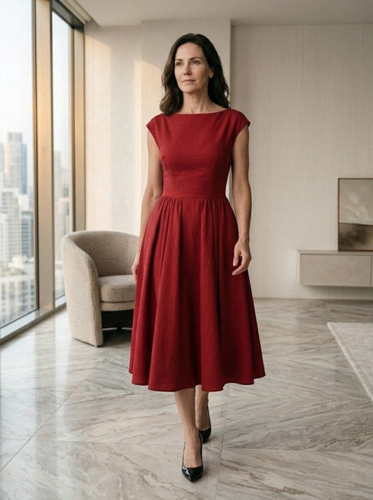 Women's Flowing Midi Dress | Elegant Cap Sleeve Fit and Flare Summer Dress - Velshara store