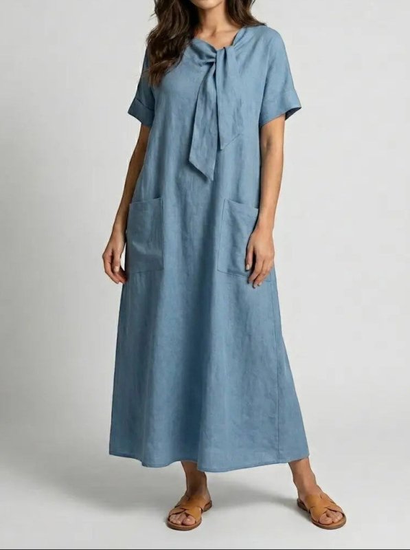 Women's Flowy Fabric Summer Dress | Elegant Chic Neck Tie Design with Pockets - Velshara store