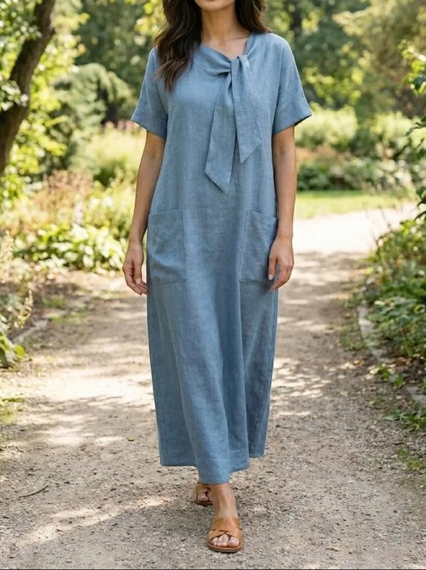 Women's Flowy Fabric Summer Dress | Elegant Chic Neck Tie Design with Pockets - Velshara store