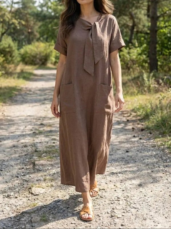 Women's Flowy Fabric Summer Dress | Elegant Chic Neck Tie Design with Pockets - Velshara store