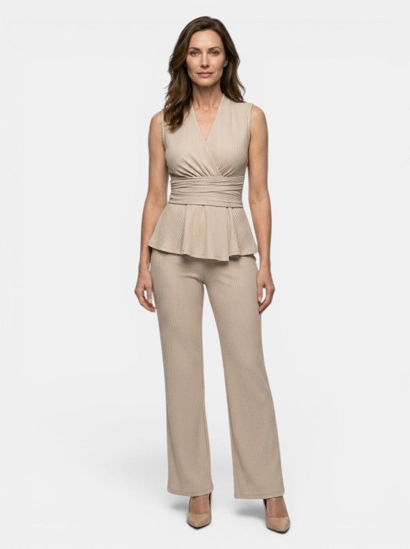 Women's Fluid Drape Wrap Top & Flared Trousers Set | Elegant Tailored Peplum Outfit - Velshara store