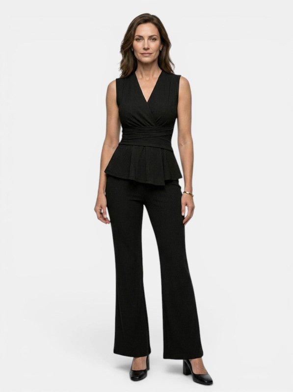 Women's Fluid Drape Wrap Top & Flared Trousers Set | Elegant Tailored Peplum Outfit - Velshara store