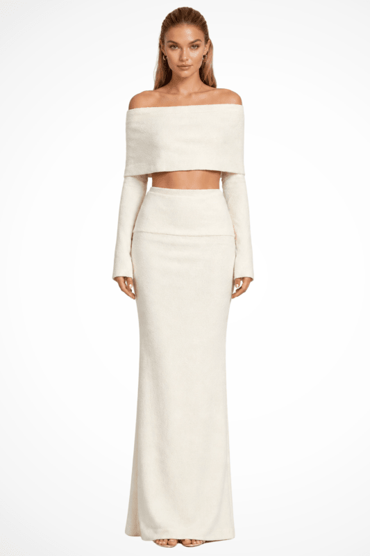 Women's Knit Off - Shoulder Co - Ord Set | Stylish Crop Top and Maxi Skirt - Velshara store