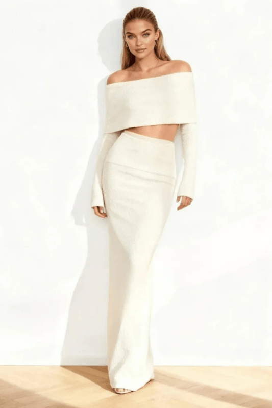 Women's Knit Off - Shoulder Co - Ord Set | Stylish Crop Top and Maxi Skirt - Velshara store