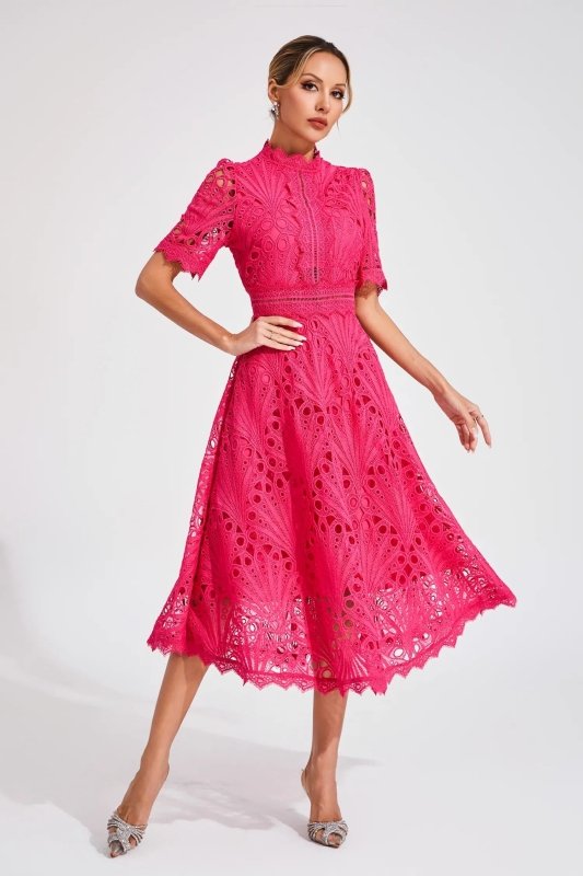 Women's Lace Midi Dress | Elegant High Neck Flared Cocktail Gown - Velshara store