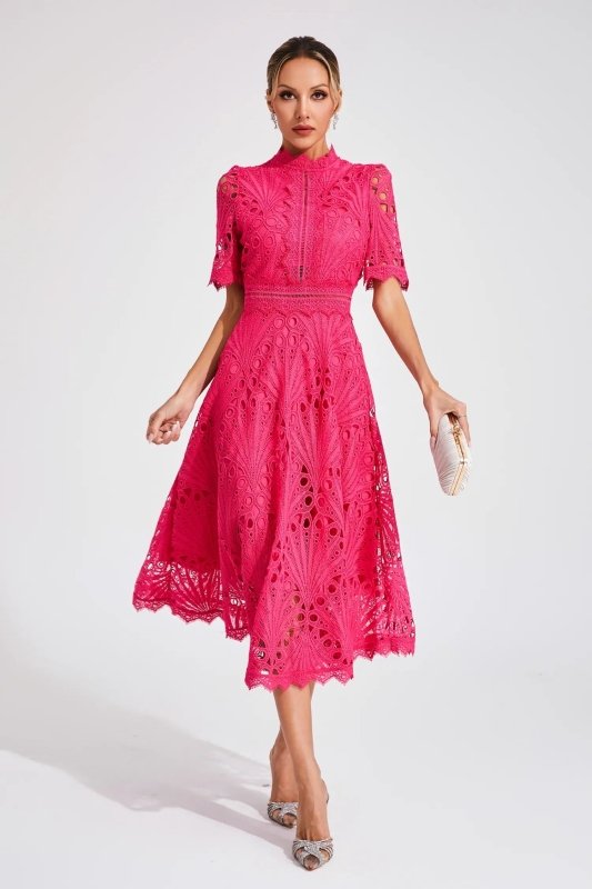Women's Lace Midi Dress | Elegant High Neck Flared Cocktail Gown - Velshara store