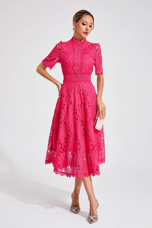 Women's Lace Midi Dress | Elegant High Neck Flared Cocktail Gown - Velshara store