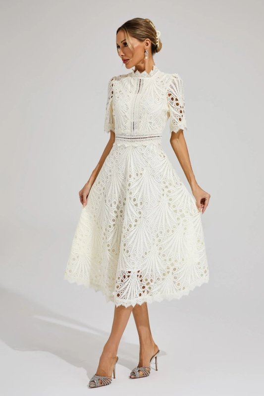 Women's Lace Midi Dress | Elegant High Neck Flared Cocktail Gown - Velshara store
