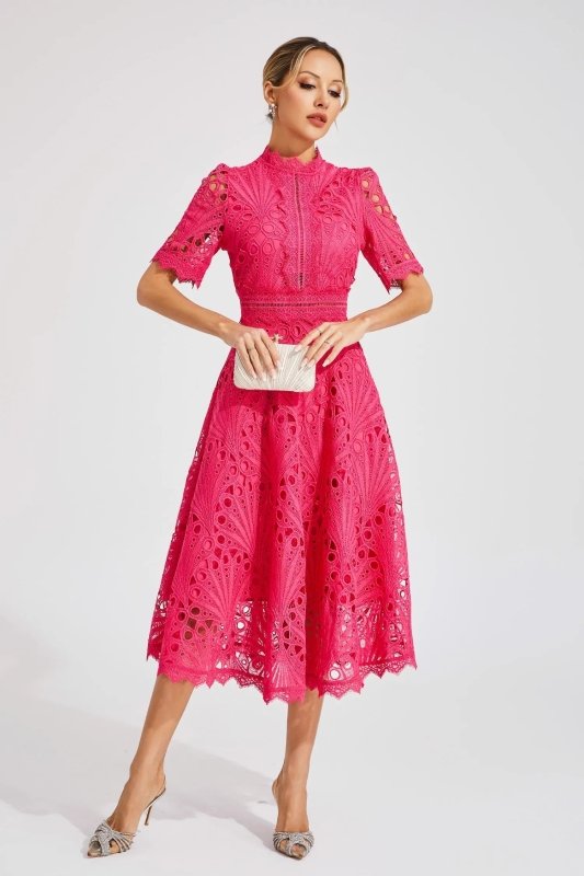 Women's Lace Midi Dress | Elegant High Neck Flared Cocktail Gown - Velshara store