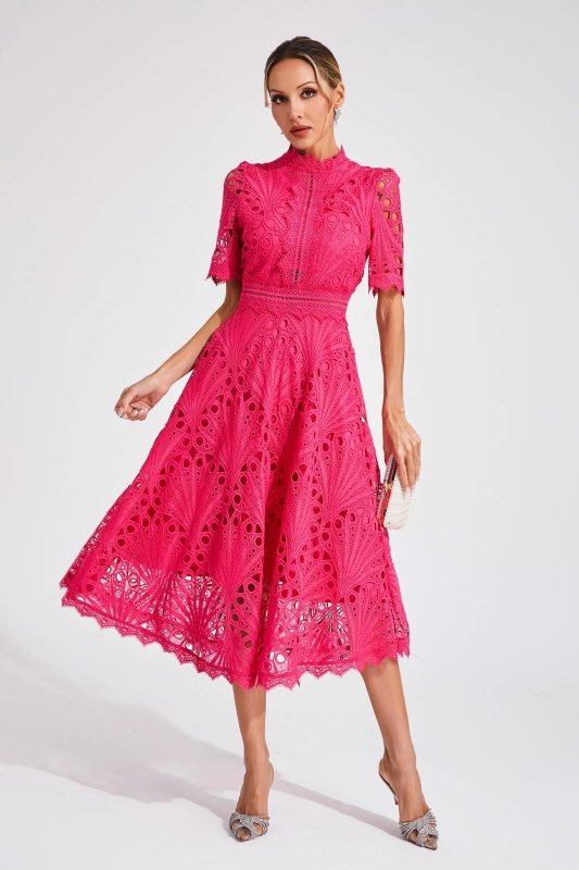 Women's Lace Midi Dress | Elegant High Neck Flared Cocktail Gown - Velshara store