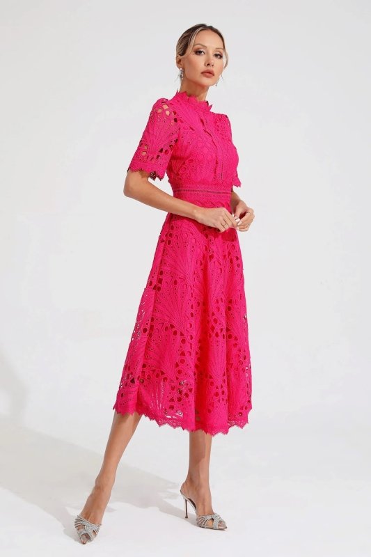 Women's Lace Midi Dress | Elegant High Neck Flared Cocktail Gown - Velshara store