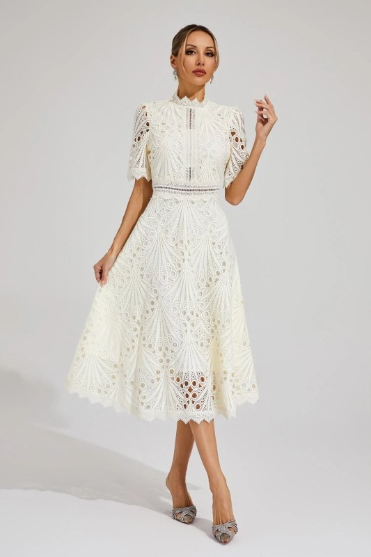 Women's Lace Midi Dress | Elegant High Neck Flared Cocktail Gown - Velshara store