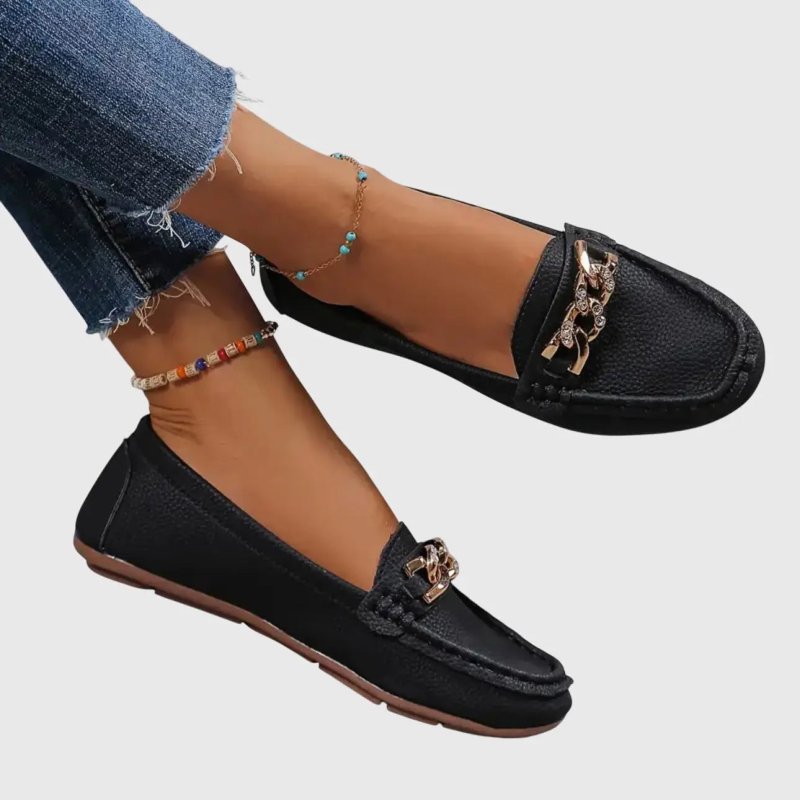 Women's Leather Loafers | Elegant Orthopedic Slip - On Shoes with Gold - Chain Detail - Velshara store