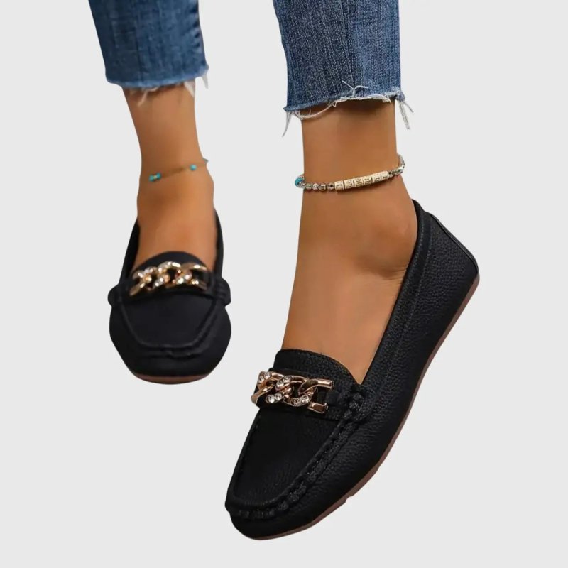 Women's Leather Loafers | Elegant Orthopedic Slip - On Shoes with Gold - Chain Detail - Velshara store